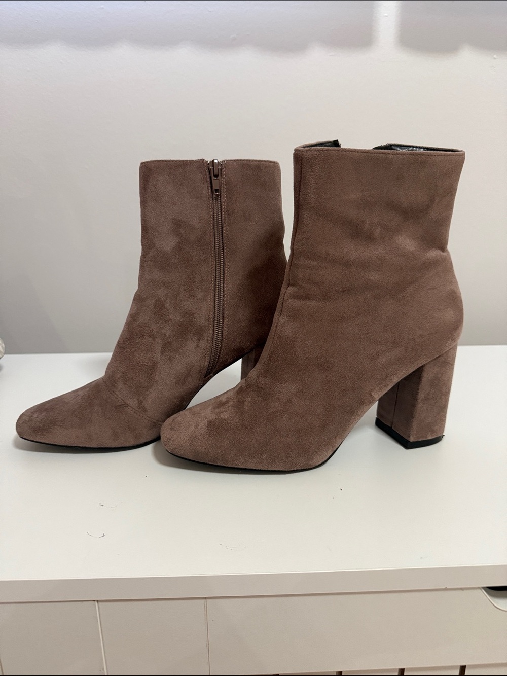 Lulu's Taupe Suede Block Heel Ankle Boots